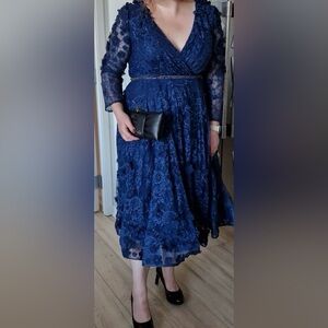 Mac Duggal Midnight Blue Floral Applique Fit & Flare Cocktail Dress
